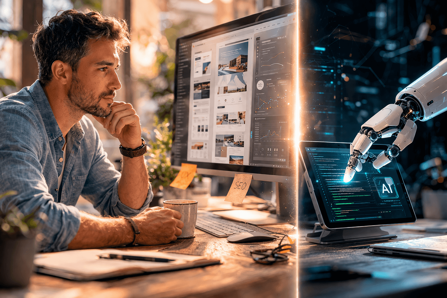 Comparaison visuelle entre l'expertise stratégique d'un webmaster humain et l'automatisation d'un algorithme IA pour la création de site.