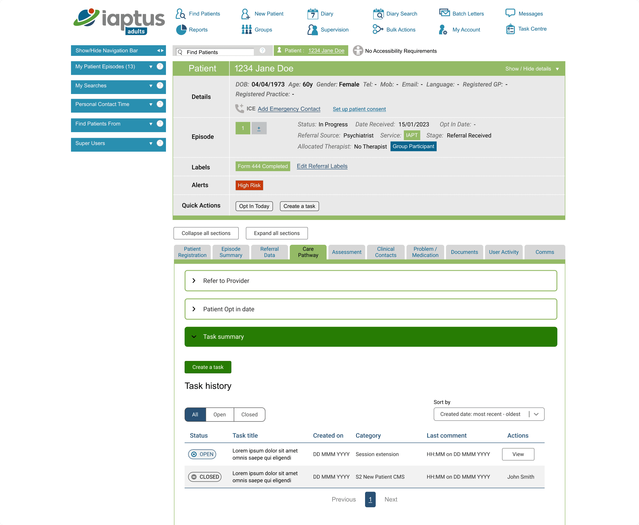 Final design showing where Task Creation faeture is located in the Homepage