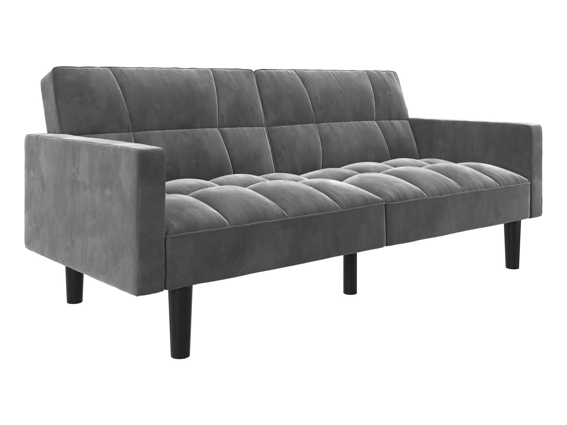 Comfortable futon sofa sleeper featuring soft cushions and a sleek look, ideal for accommodating overnight guests.