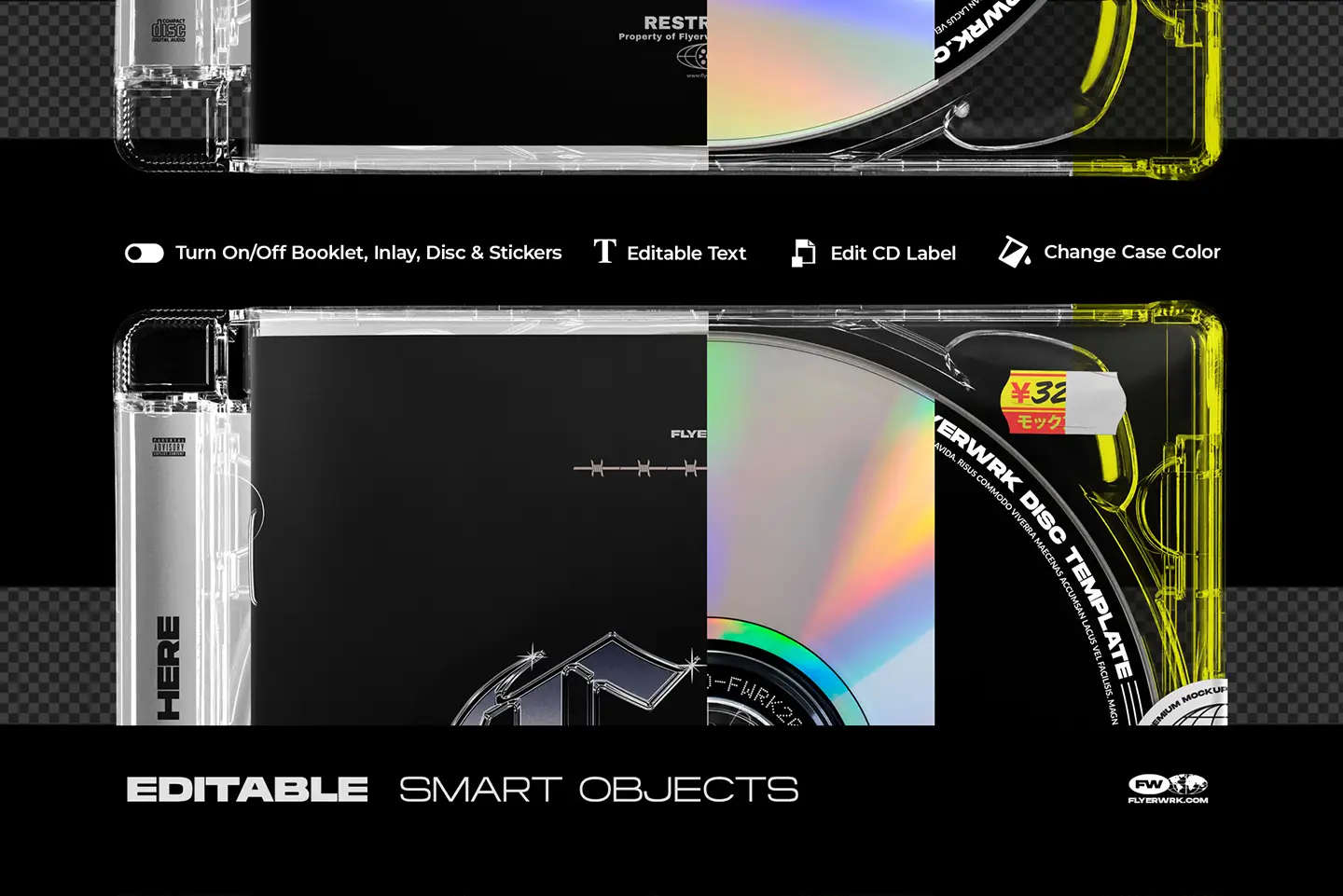 Modern CD jewel case mockup smart object editing with booklet disc and label customization
