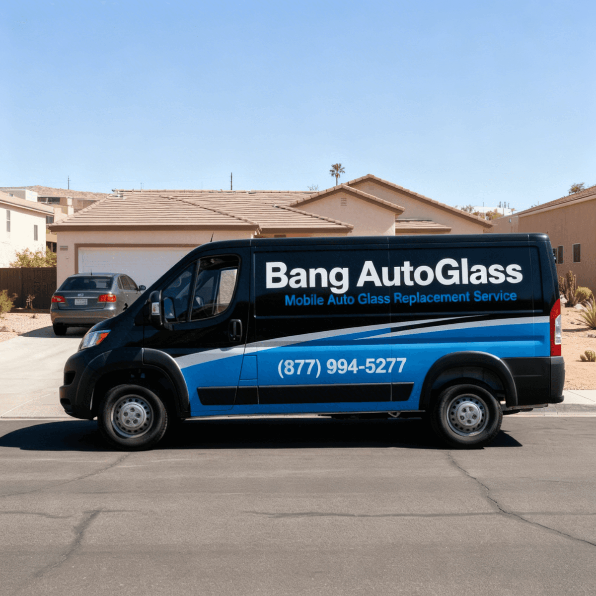 Bang AutoGlass van on duty at a Mesa, AZ home delivering fast and friendly mobile windshield replacement