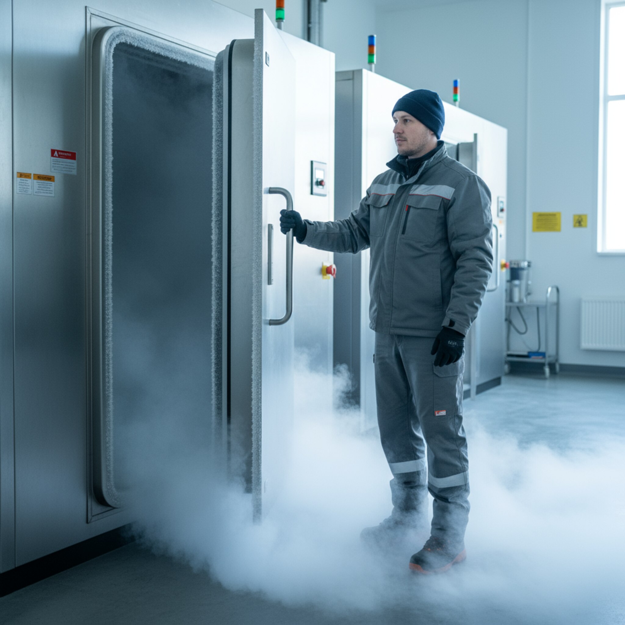 Ein Mitarbeiter öffnet die schwere Tür der Kältekammer einen Spalt, feiner Nebel rollt über den Boden. Er wartet, bis die Luft klarer wird, und schließt dann sorgfältig. Das Licht ist kühl, Metallkanten zeichnen klare Linien. Der Ablauf wirkt kontrolliert und rhythmisch.