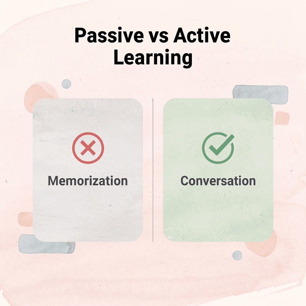 Before and after comparison showing transformation from memorization to conversation