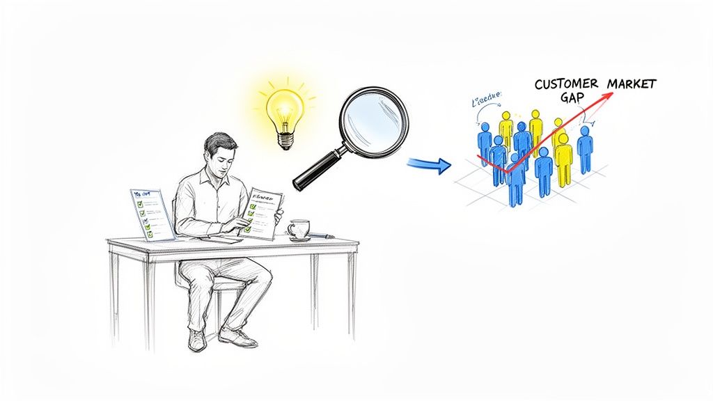 A man reviewing checklists, with a lightbulb idea and magnifying glass leading to identifying a customer market gap among people.