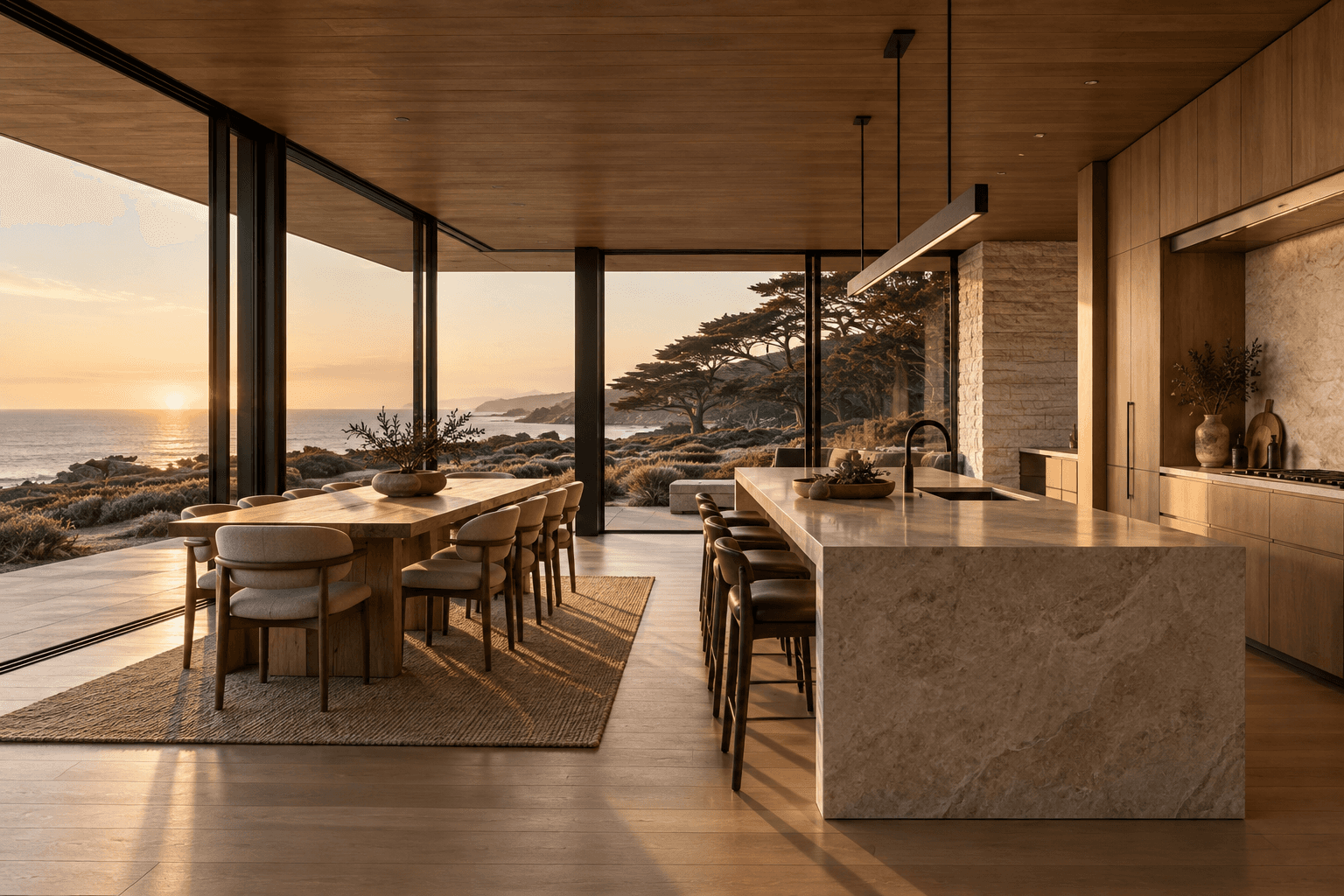 Open kitchen and dining area with a stone island, wood cabinetry, large glass walls, and sunset views over the coastline.