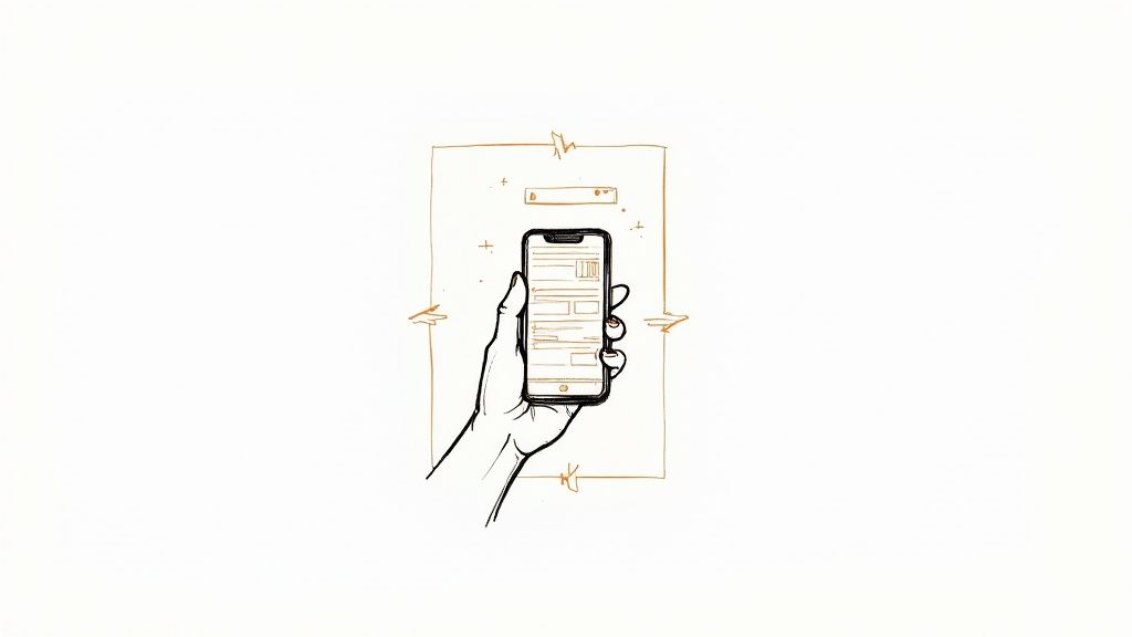 A hand holds a smartphone displaying a sketched user interface, symbolizing mobile website optimization.