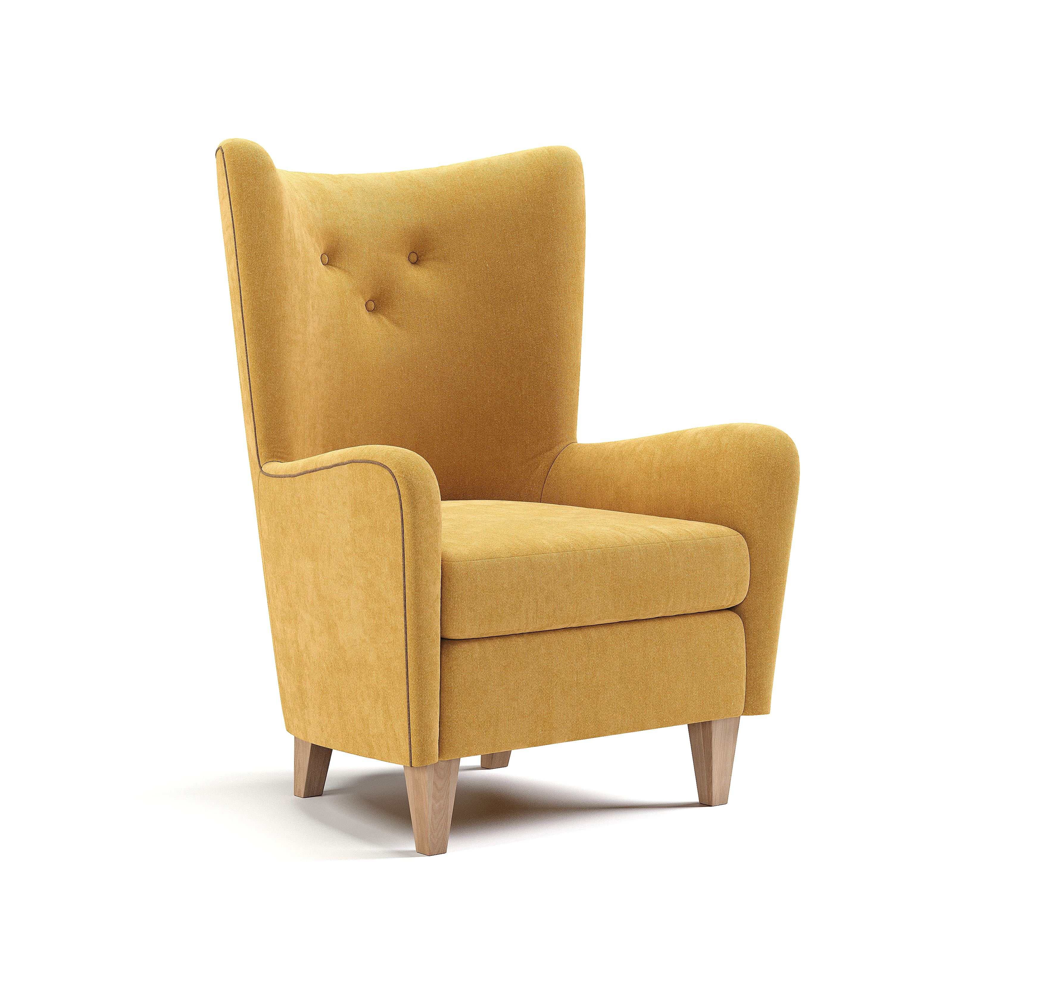 Wingback armchair with cushioned seat and wooden legs