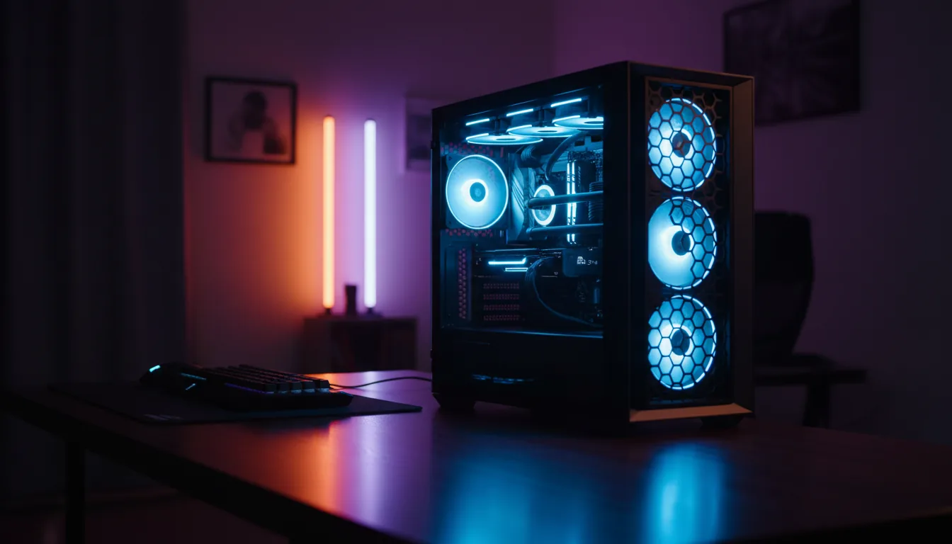 DSLR photograph of a high-end Acer Predator gaming PC tower with a tempered glass side panel, placed on a dark desk. The shot uses cinematic contrast lighting, with the PC's interior components and fans glowing intensely with vibrant blue LEDs. In the softly blurred background, a home office is lit by ambient orange and purple light bars, creating a moody atmosphere. Sharp, clean focus on the textured metal and mesh of the computer case, shallow depth of field.