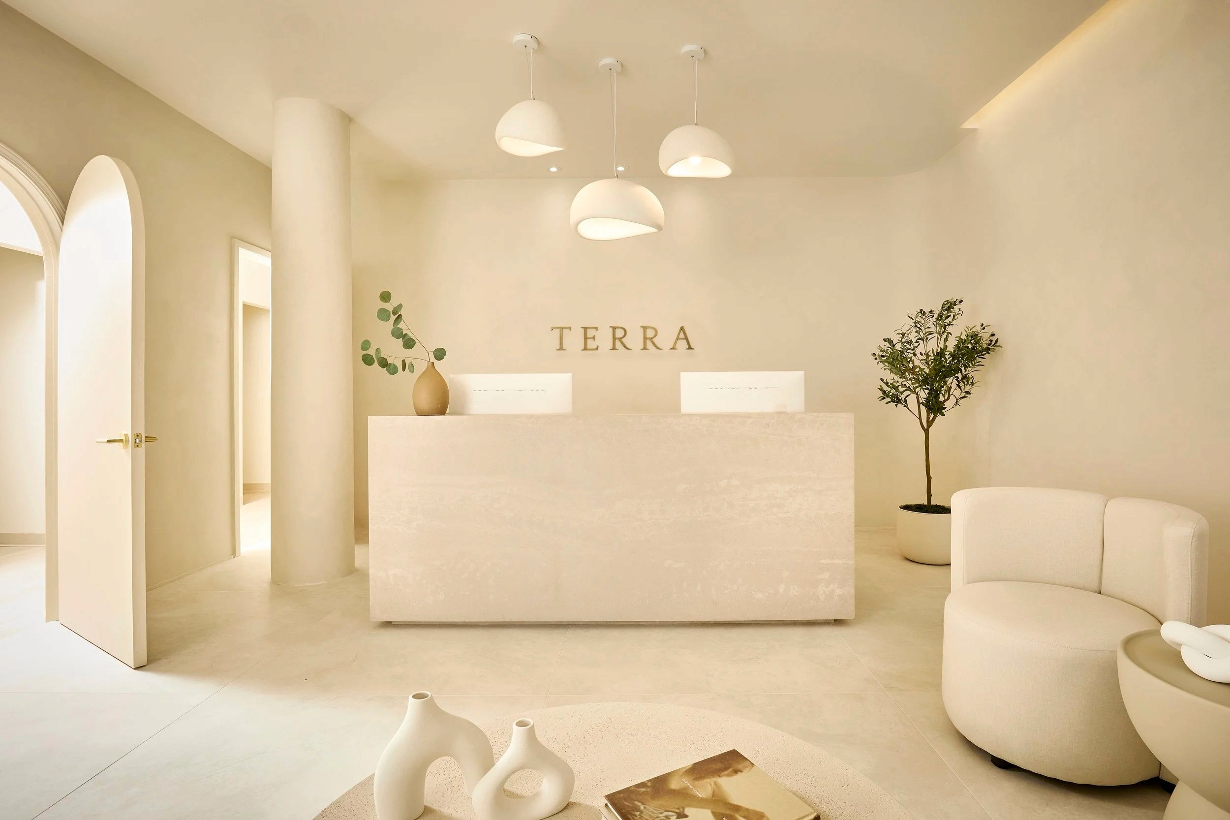 Brushed brass bronze Terra Dental NYC reception logo signage installed behind front desk.