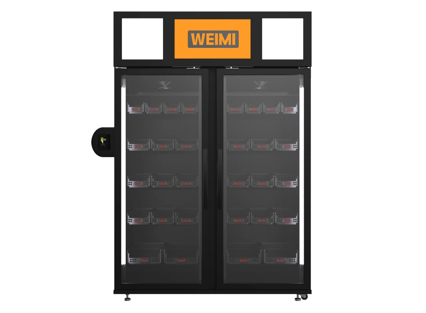 WEIMI divdurvju viedais pašapkalpošanās ledusskapis uzņēmumiem uz tumša fona ar pieteikšanās formu