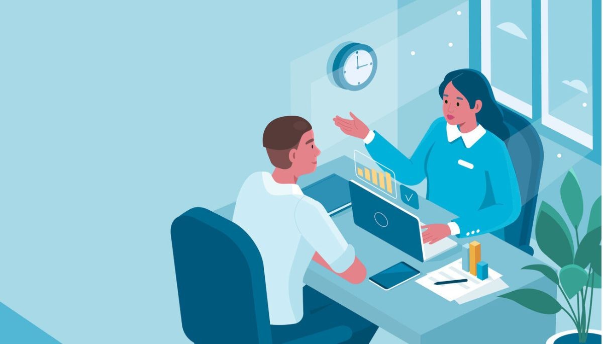 Illustration of two professionals in an office discussing career options at a desk with charts and a laptop, symbolizing career counseling and guidance.