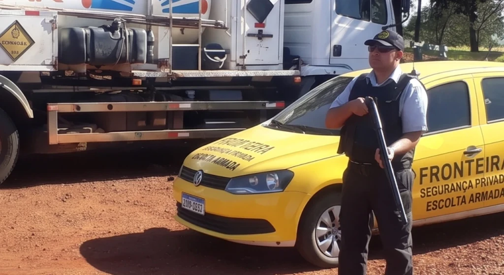 Segurança armado ao lado de um carro fazendo escolta.