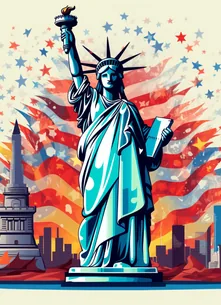 Graphic illustration of the Statue of Liberty with a colorful backdrop of the American flag's stars, representing English-language social media posts that resonate with U.S. audiences, offered by Story Inventory's multilingual publishing feature