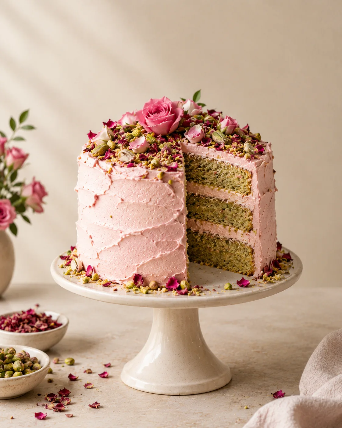 Pistachio & Rose cake with pink buttercream and crushed pistachios