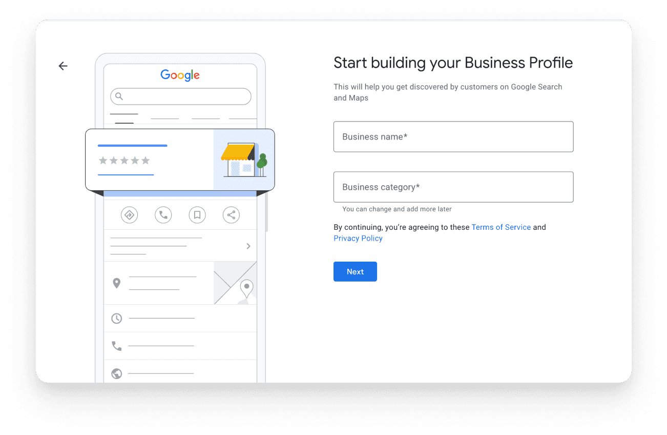 Field to enter the business name on Google My Business, helping web design companies in Beverley claim or add their business.