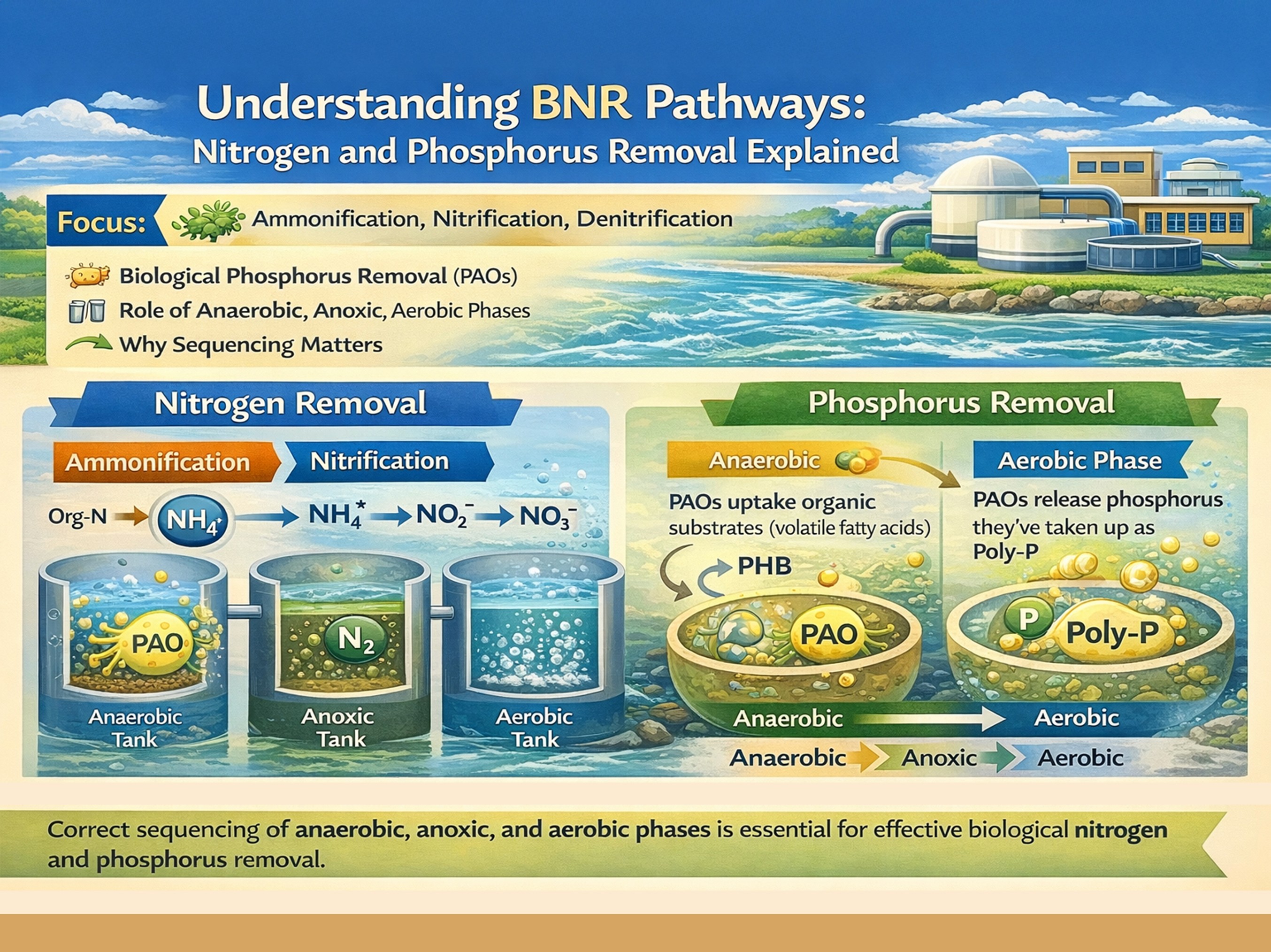 BNR pathways diagram showing nitrification, denitrification and phosphorus removal in sewage treatment.