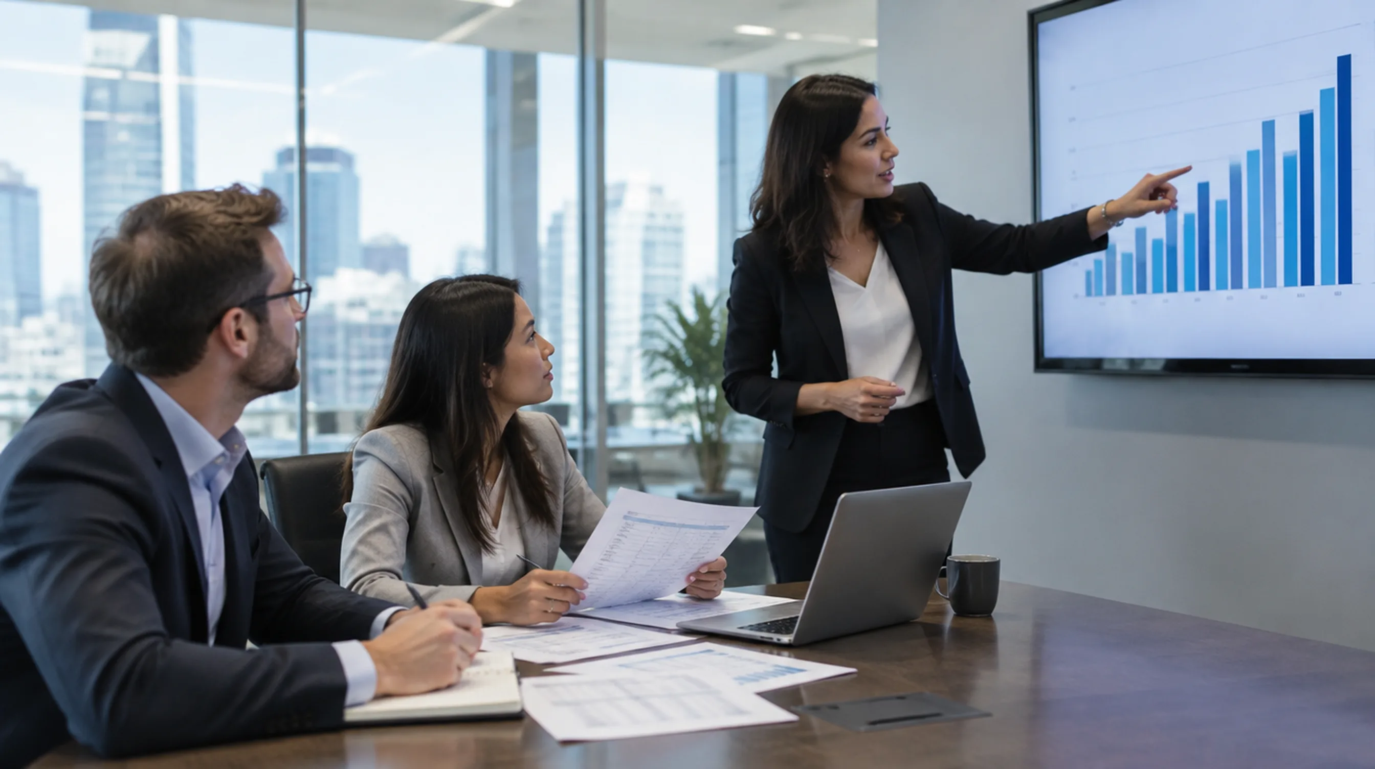 Corporate tax team in a glass-walled conference room reviewing a tax return while a colleague points to a bar chart on a wall monitor
