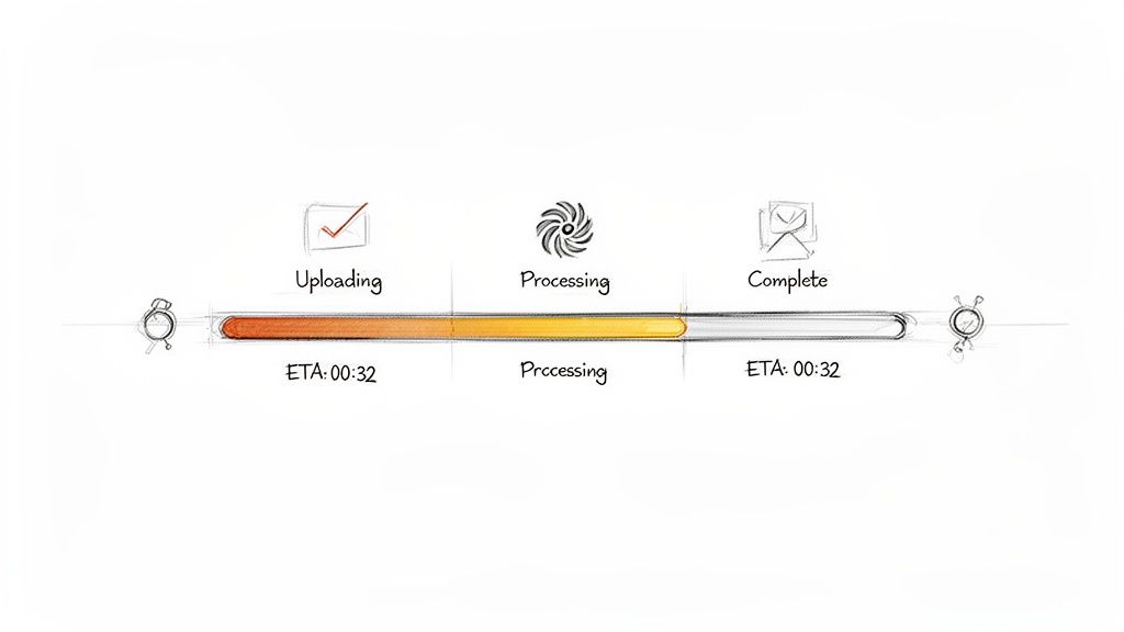 A hand-drawn sketch of a progress bar showing uploading, processing, and complete stages with time estimates.