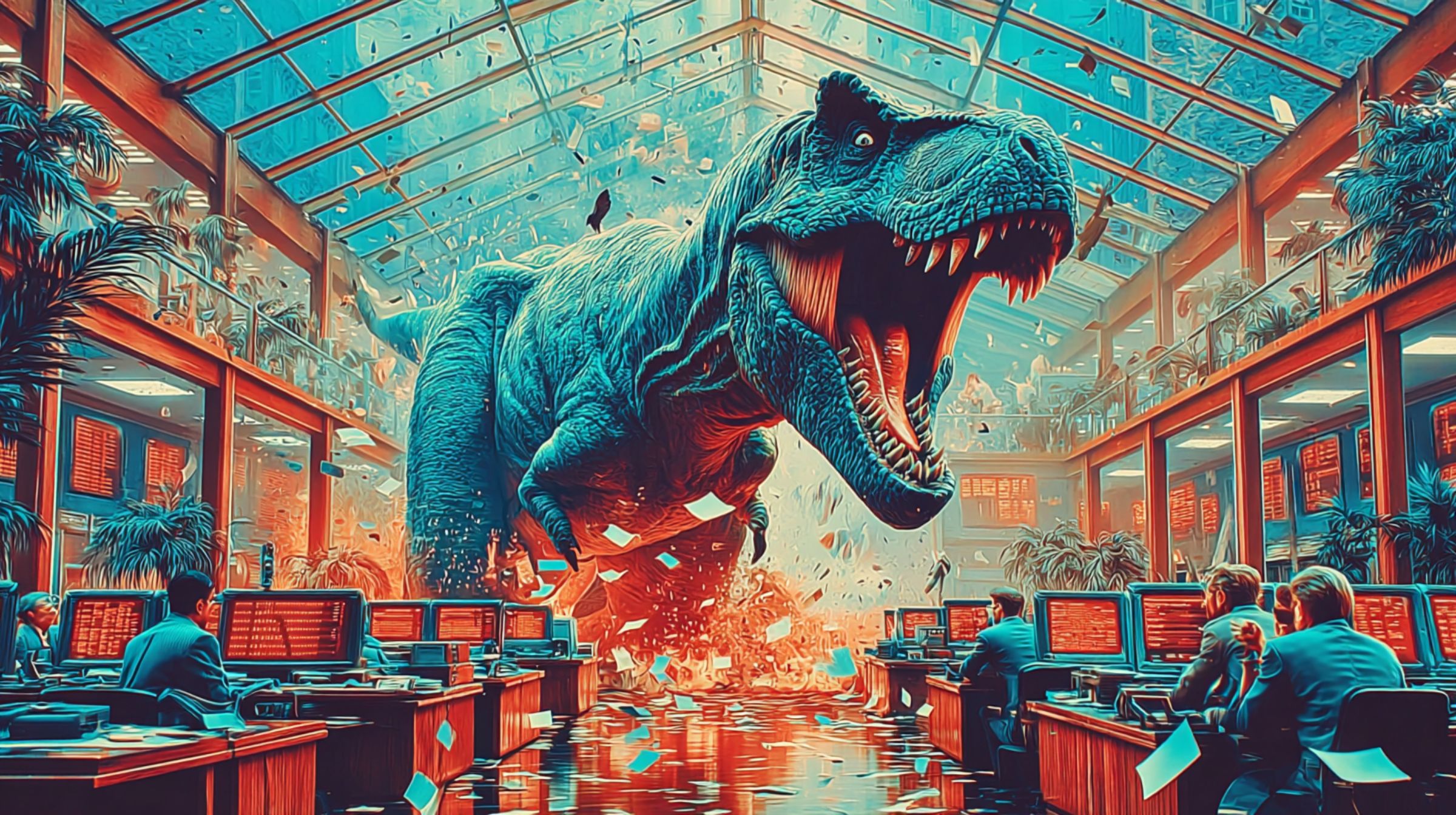 A massive T-Rex bursts through a glass-roofed office as red screens flicker and papers fly — chaos reminding the system who’s boss.