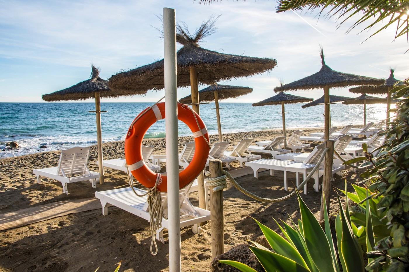 Beach club lounge chairs on the Mediterranean