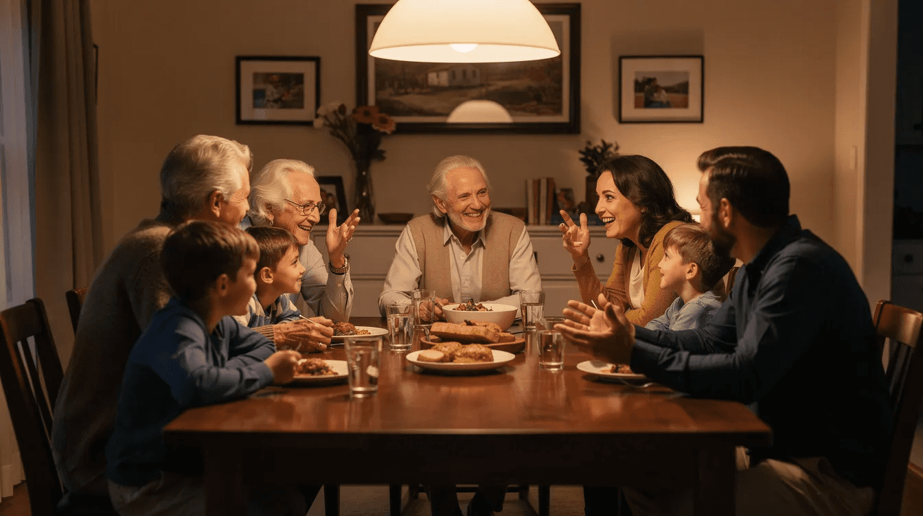 A multi-generational family is gathered around a dining table, engaged in a warm conversation that reflects their shared values and family identity. This moment emphasizes the importance of family life and creating a family mission statement that can guide future generations in their philanthropic goals and charitable giving.