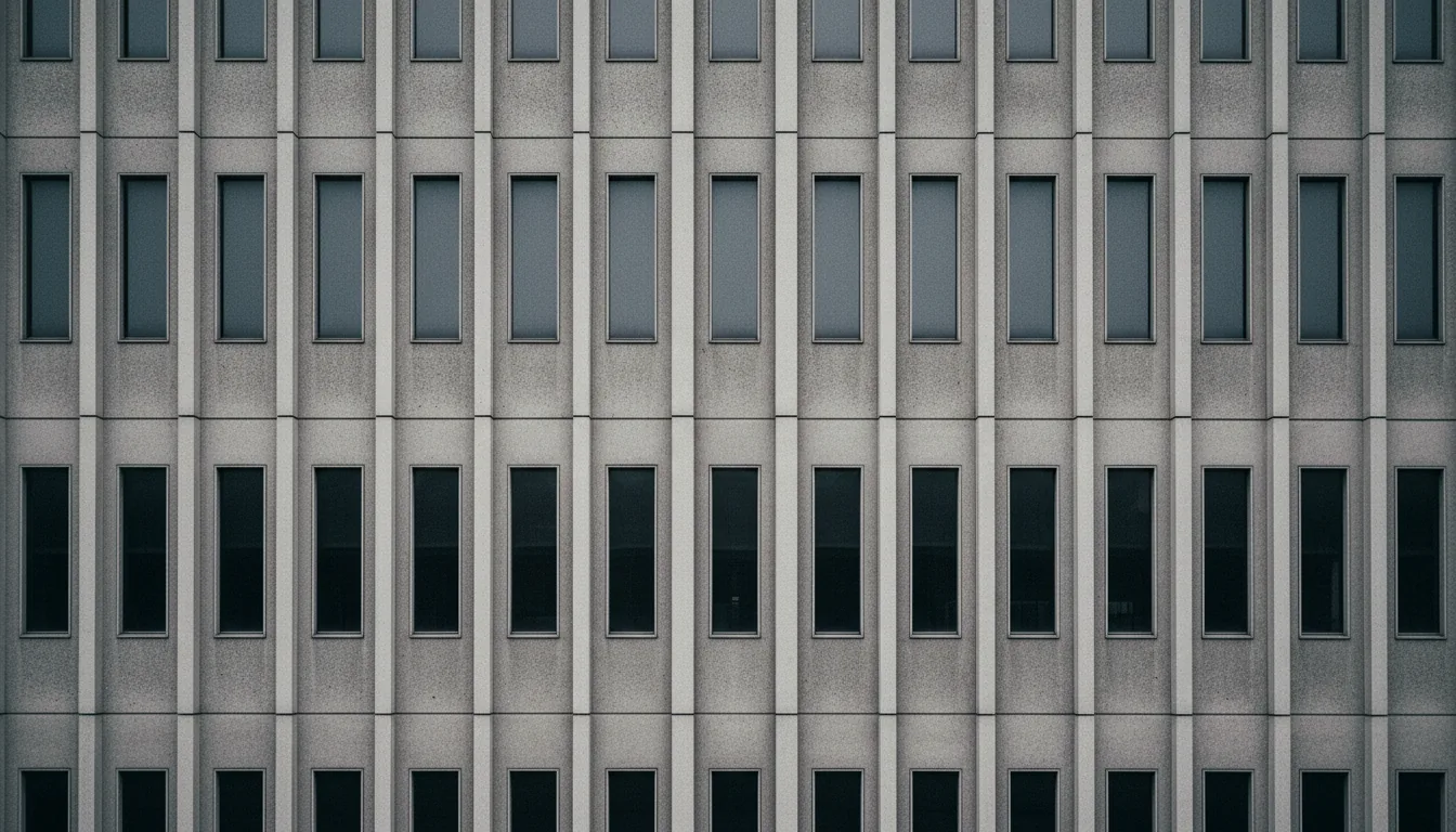 Telephoto DSLR shot of a brutalist concrete building facade, featuring a perfectly symmetrical grid of tall, narrow, recessed windows. The weathered, grey concrete panels have visible join lines, creating a strong geometric pattern. The lighting is flat and even under an overcast sky. Desaturated, moody color palette with a heavy, gritty analog film grain texture throughout. Sharp focus across the entire frame.
