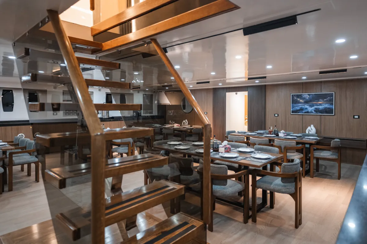 Elegant staircase inside Sea Treasure