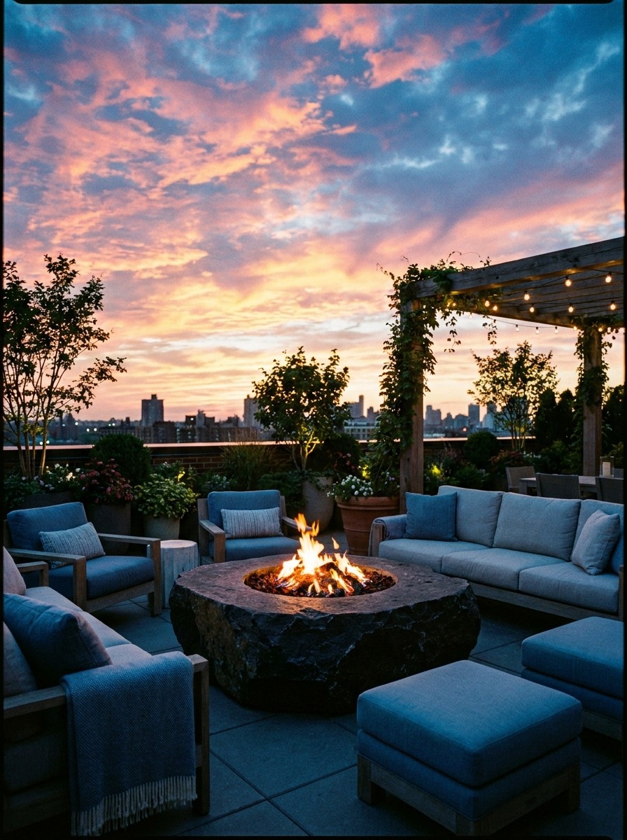 A private rooftop terrace at sunset featuring a glowing dark stone fire pit and muted blue outdoor seating against a vivid pink and gold sky.