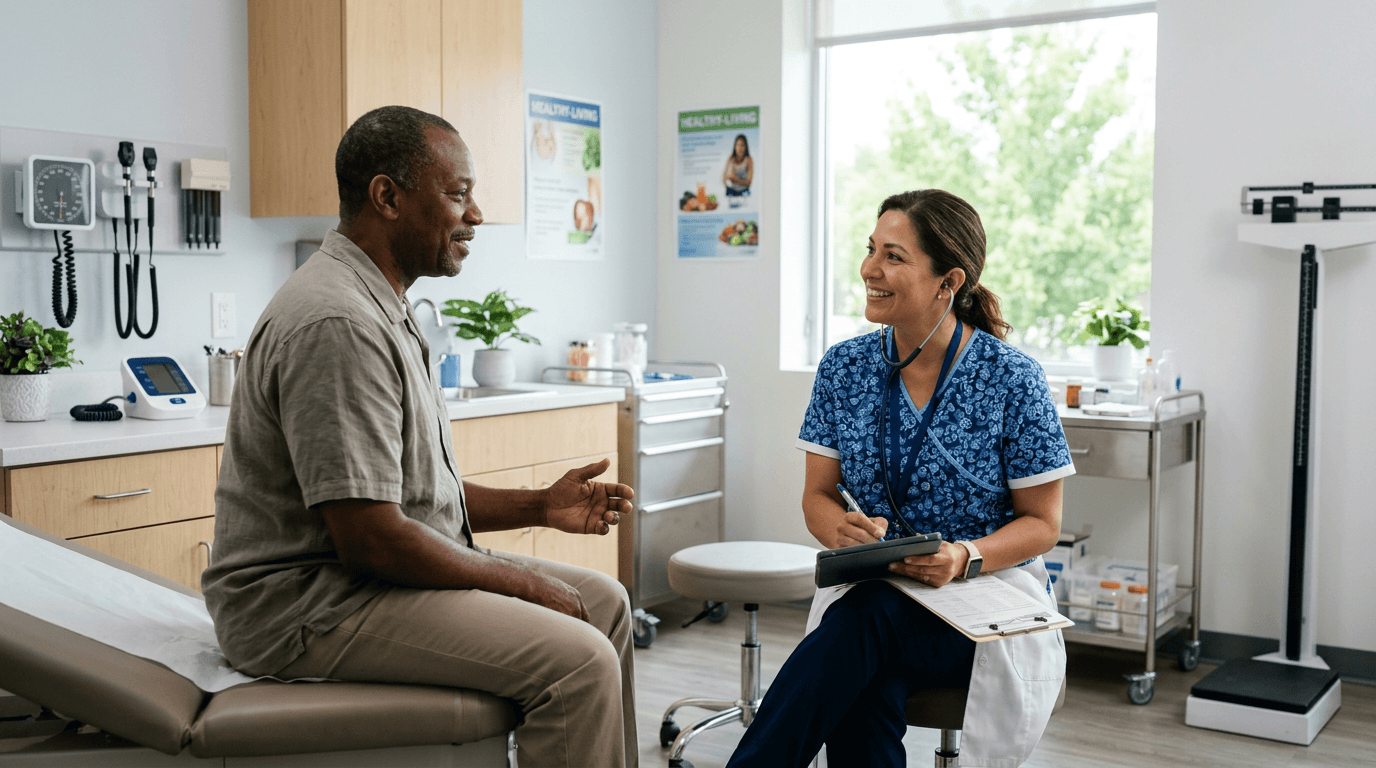friendly female pediatrician touches shoulder teenage