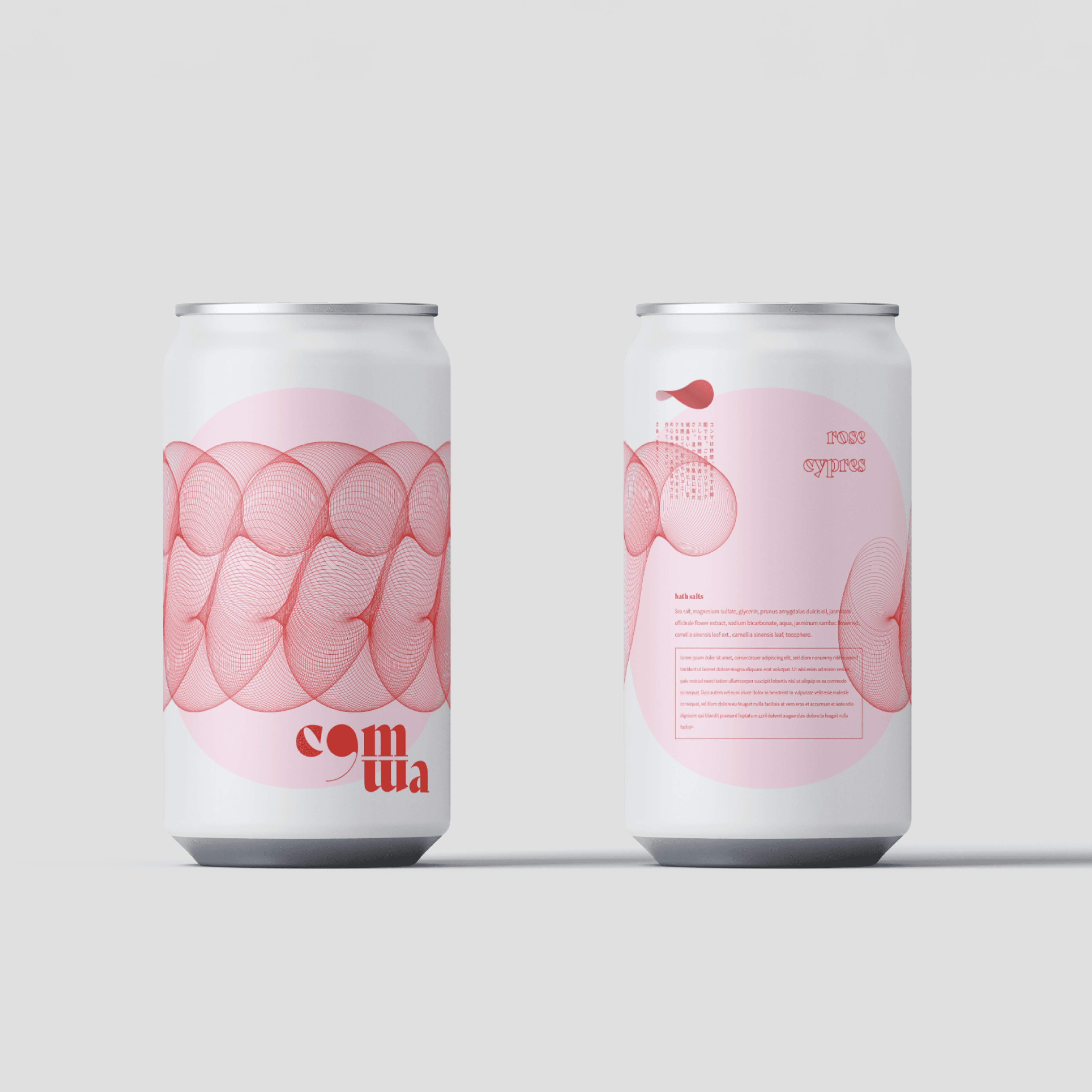 Comma fragrance containers featuring the pink breathing-inspired graphic pattern.