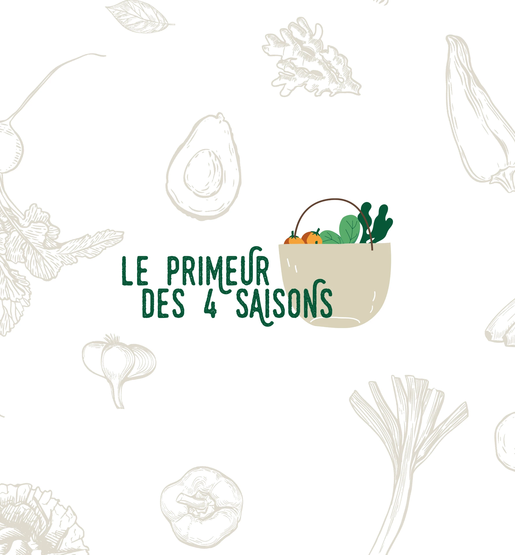 Logo Le Primeur des 4 Saisons format portrait avec panier de légumes illustré — déclinaison de l'identité visuelle pour stand de fruits et légumes bio en Occitanie, Tartelette Concept