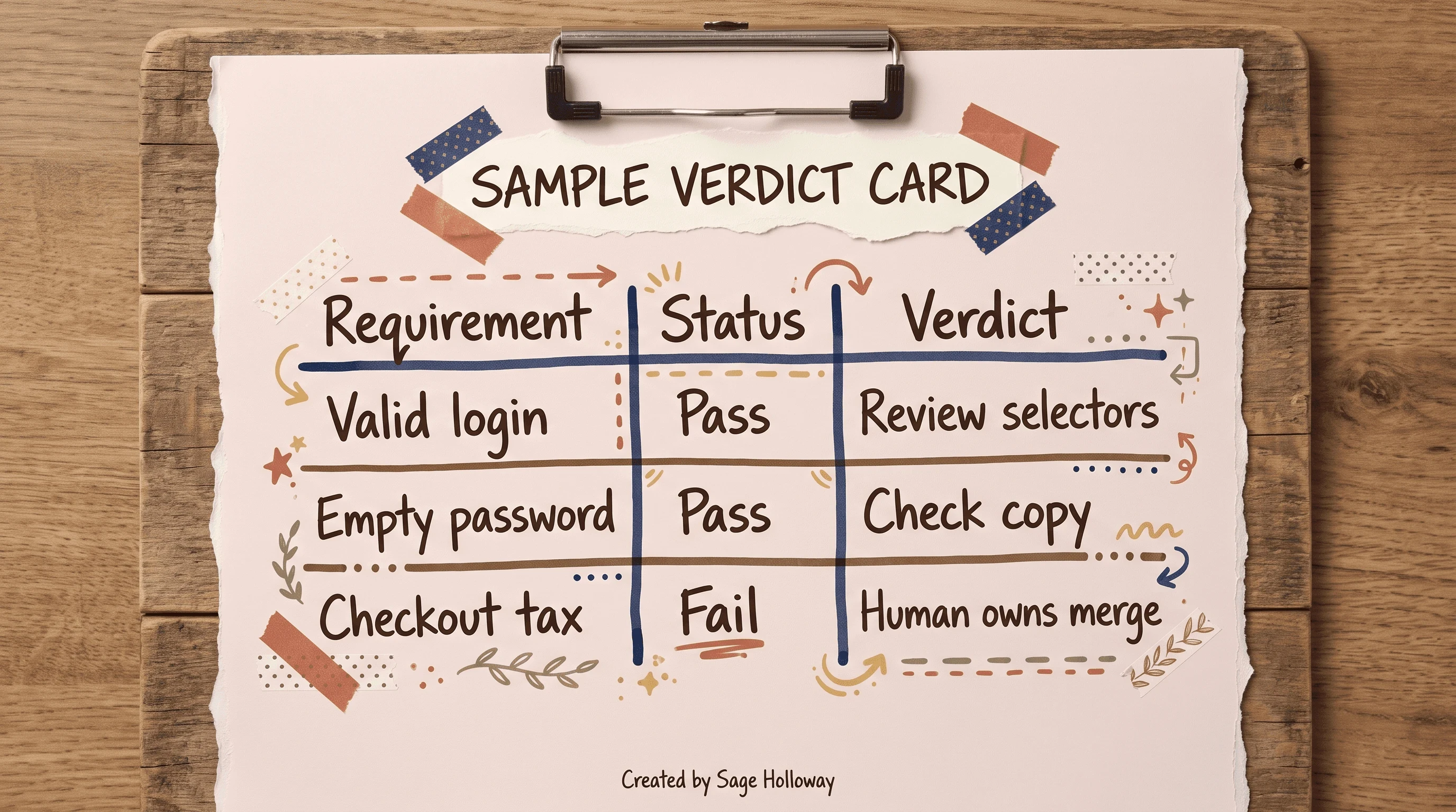 Sample QA verification report table with requirement, status, and verdict columns for Claude Code CI review