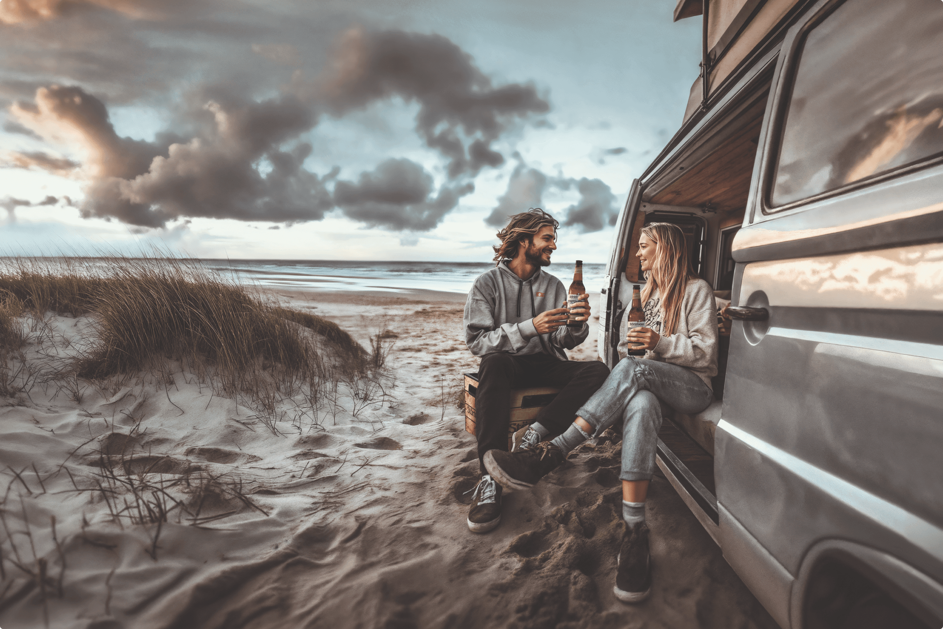 Couple enjoying beer by a van on a beach