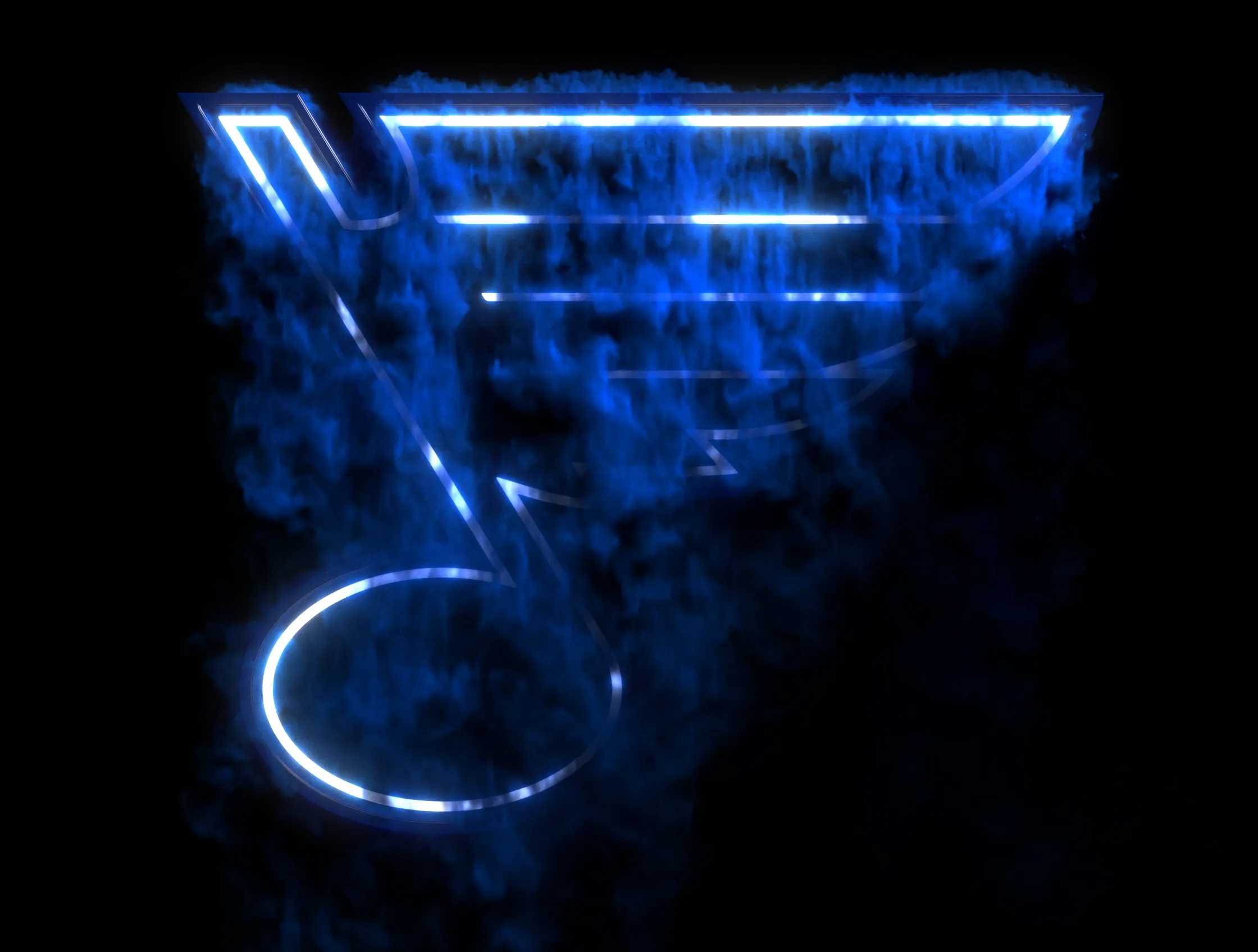 Glowing neon St. Louis Blues note logo emerging from blue smoke on a black background