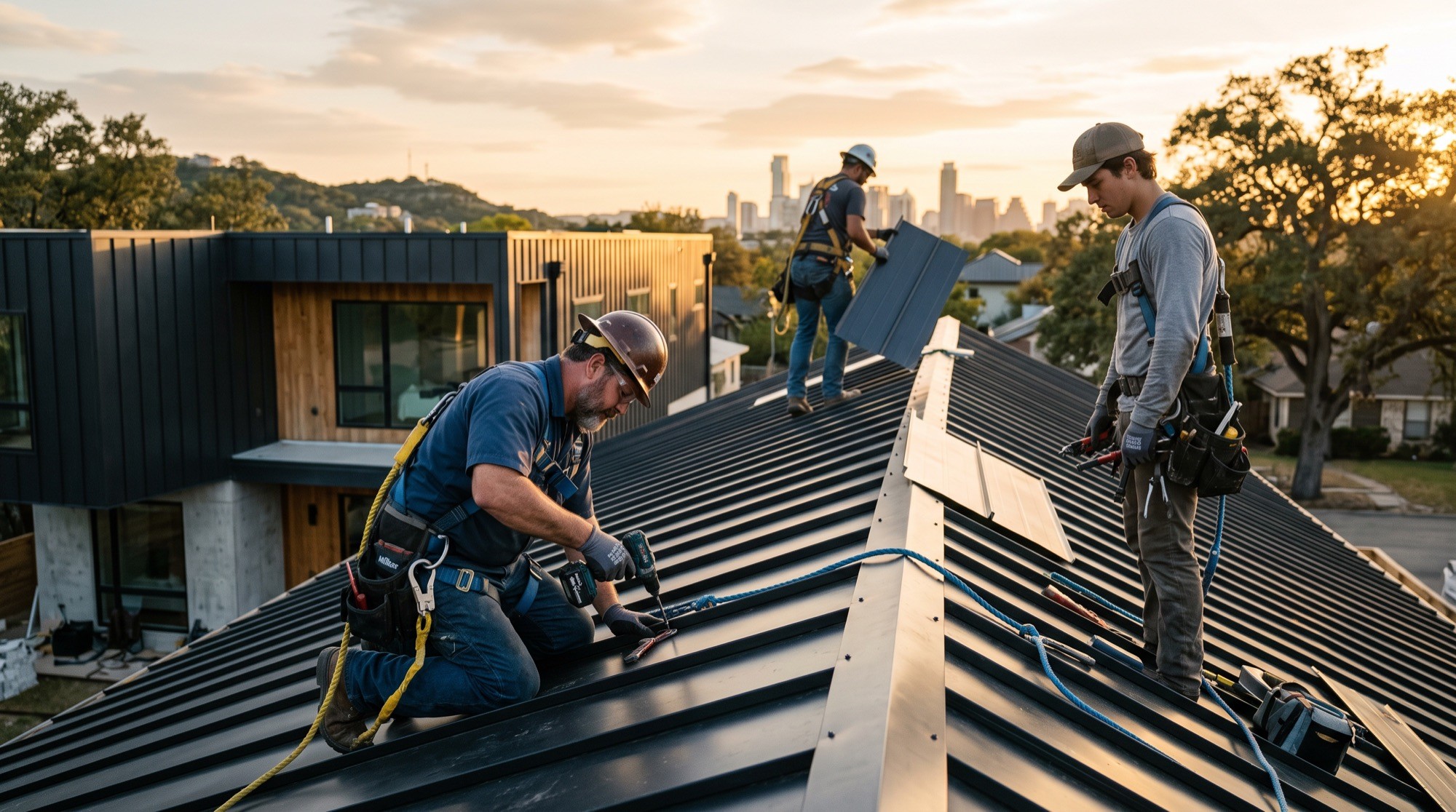 RoofPro crew installing a metal roof on a new home