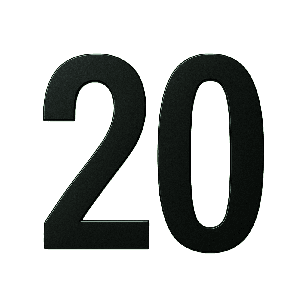 Number 20 in large type, representing 20+ years of experience