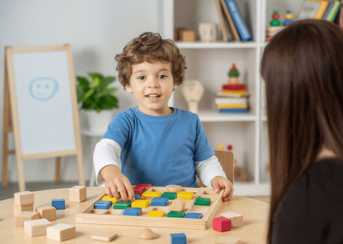 A young boy works with colorful wooden blocks during a speech therapy session as his therapist observes and guides him.