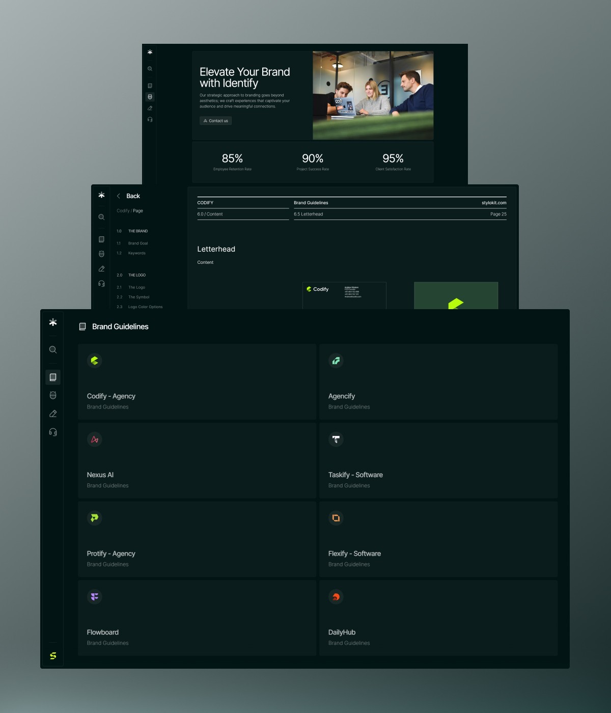 Identify Framer template showcasing brand guideline system, dark UI, and structured content layout