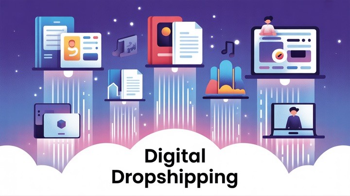 Digital dropshipping concept illustration showing digital products and automated delivery