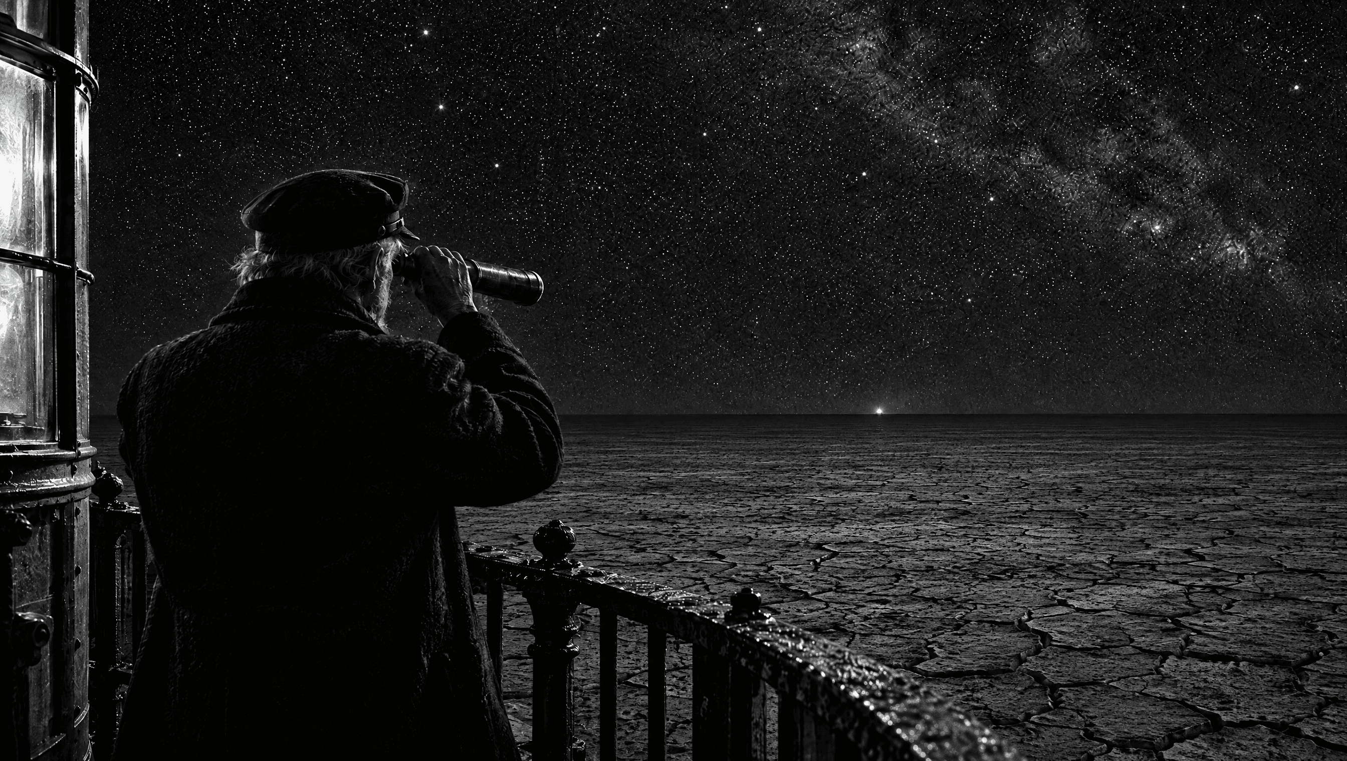 The keeper seen from behind at the gallery railing, looking through a telescope at a tiny light on the horizon of the dry seabed