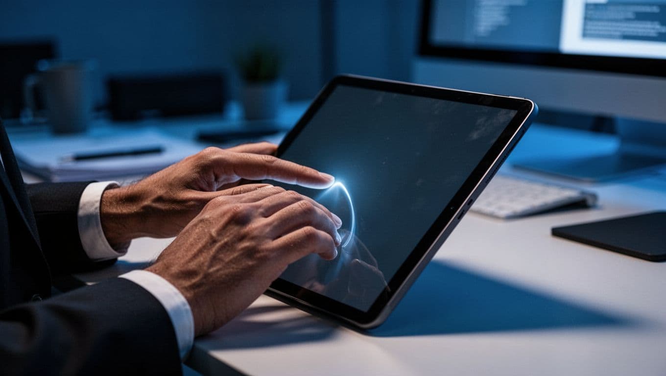 A close up view shows hands interacting with a sleek tablet display featuring a glowing golden star notification. The scene is bathed in moody deep blue tones with sharp cinematic contrast.