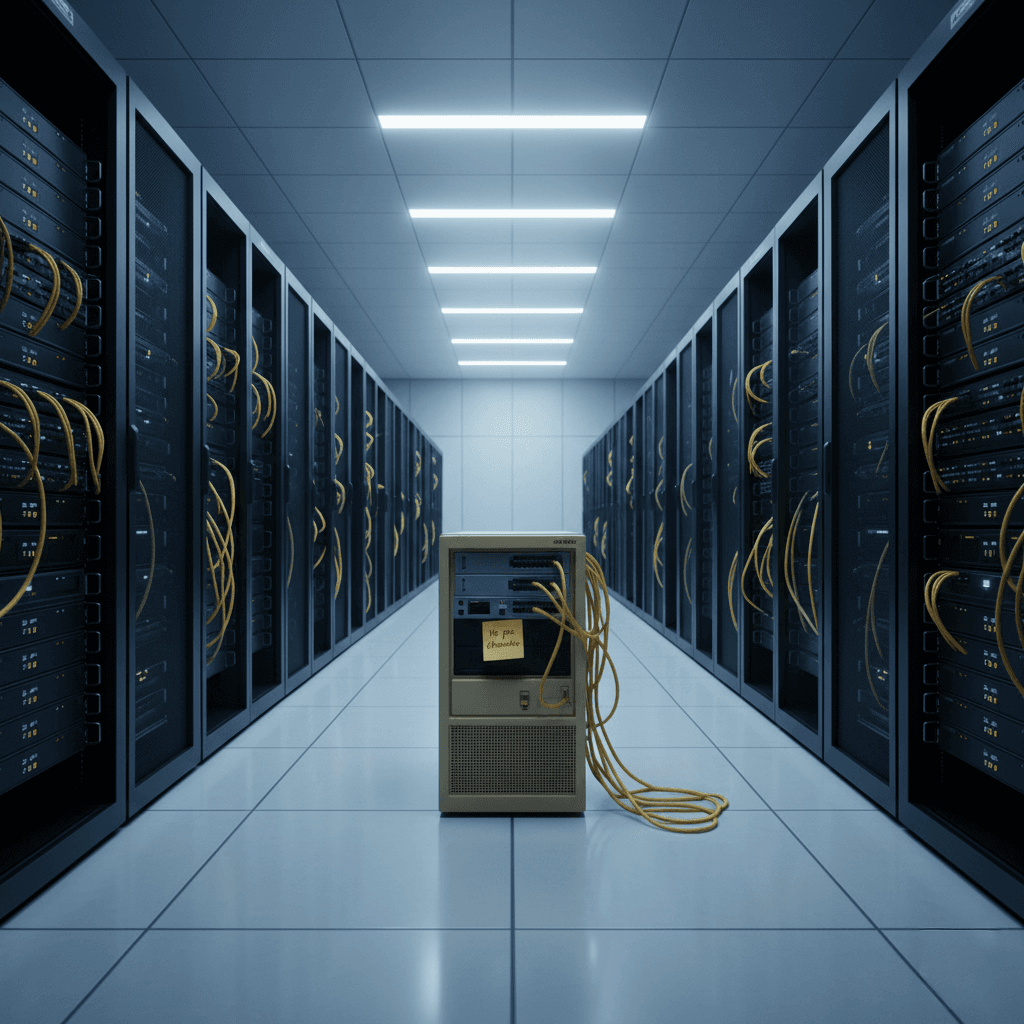 Salle de serveurs moderne avec infrastructure IT actuelle contrastant avec un ancien serveur obsolète de 2003 au centre, symbolisant les risques d'une infrastructure informatique partiellement mise à jour pour les PME