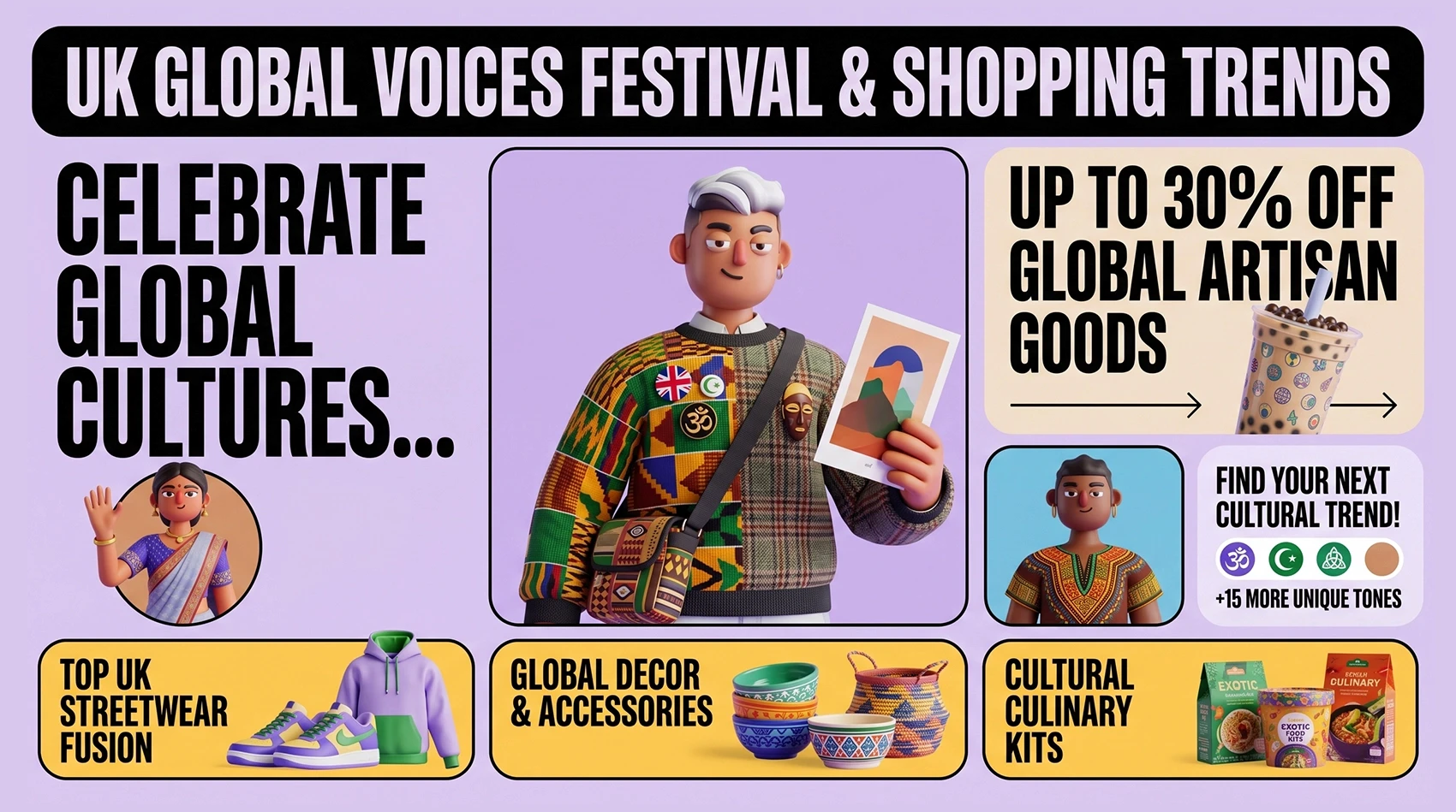 UK Global Voices Festival infographic showcasing streetwear fusion, decor, and culinary kits for mediareach