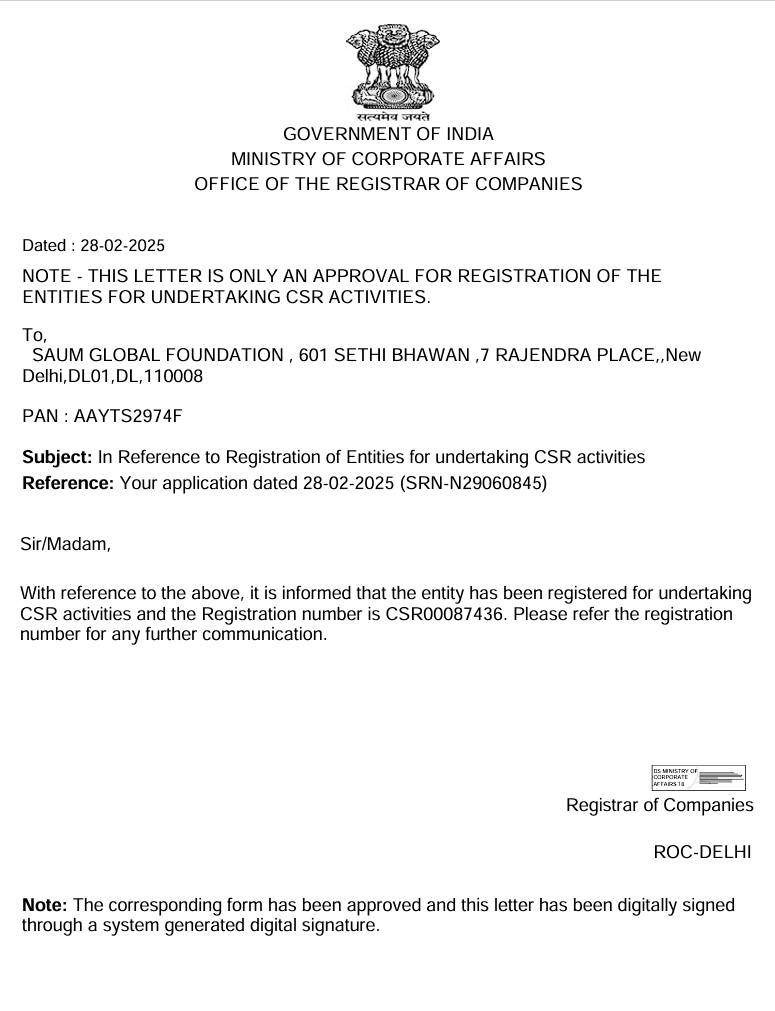CSR Registration Certificate — Saum Global Foundation