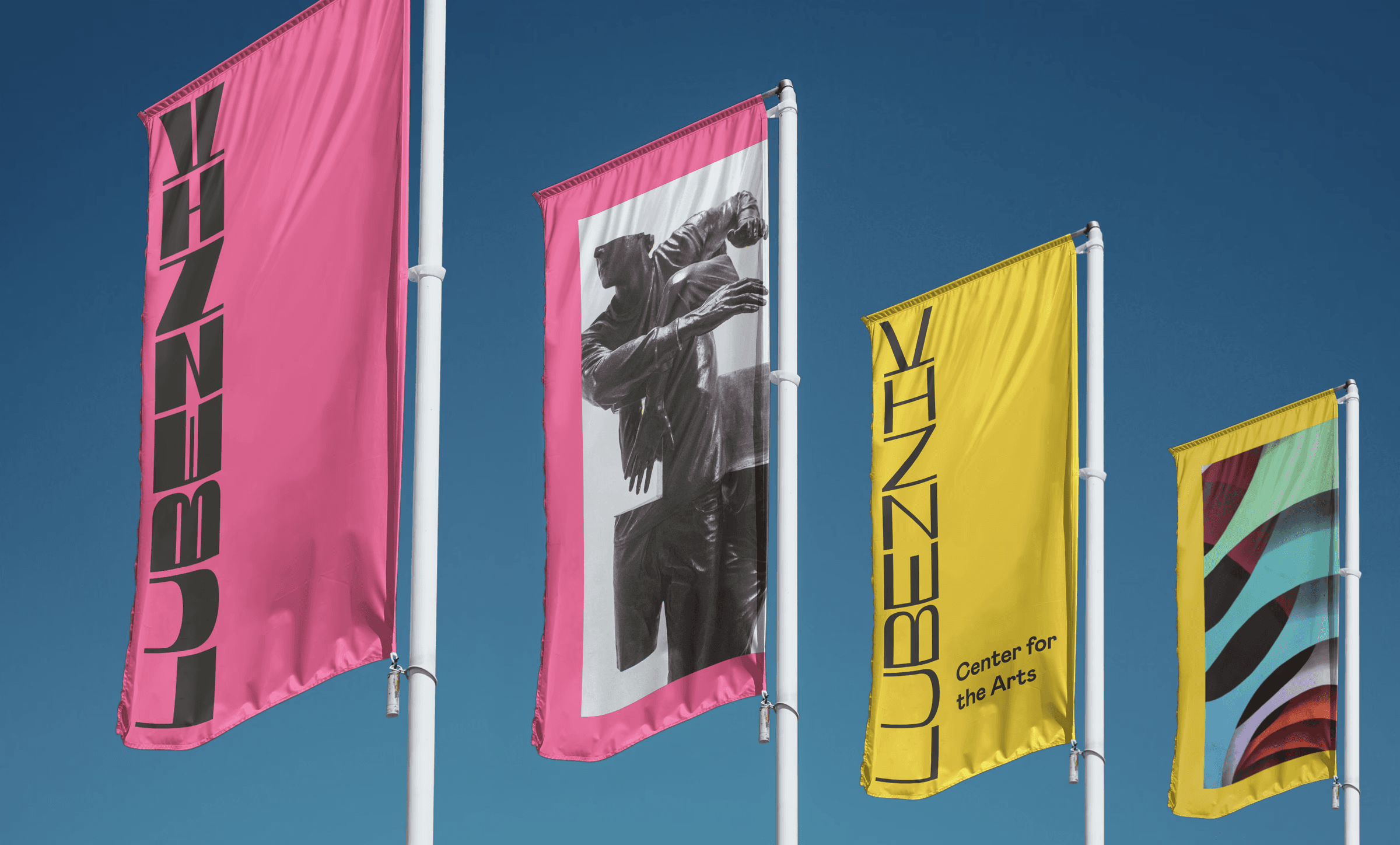 Lubeznik Center for the Arts branded flags around the art center.
