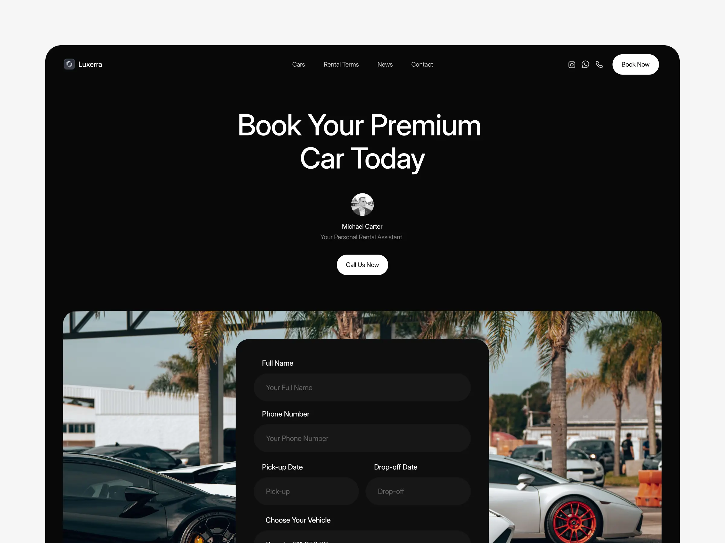 Car rental website template booking form and call to action section