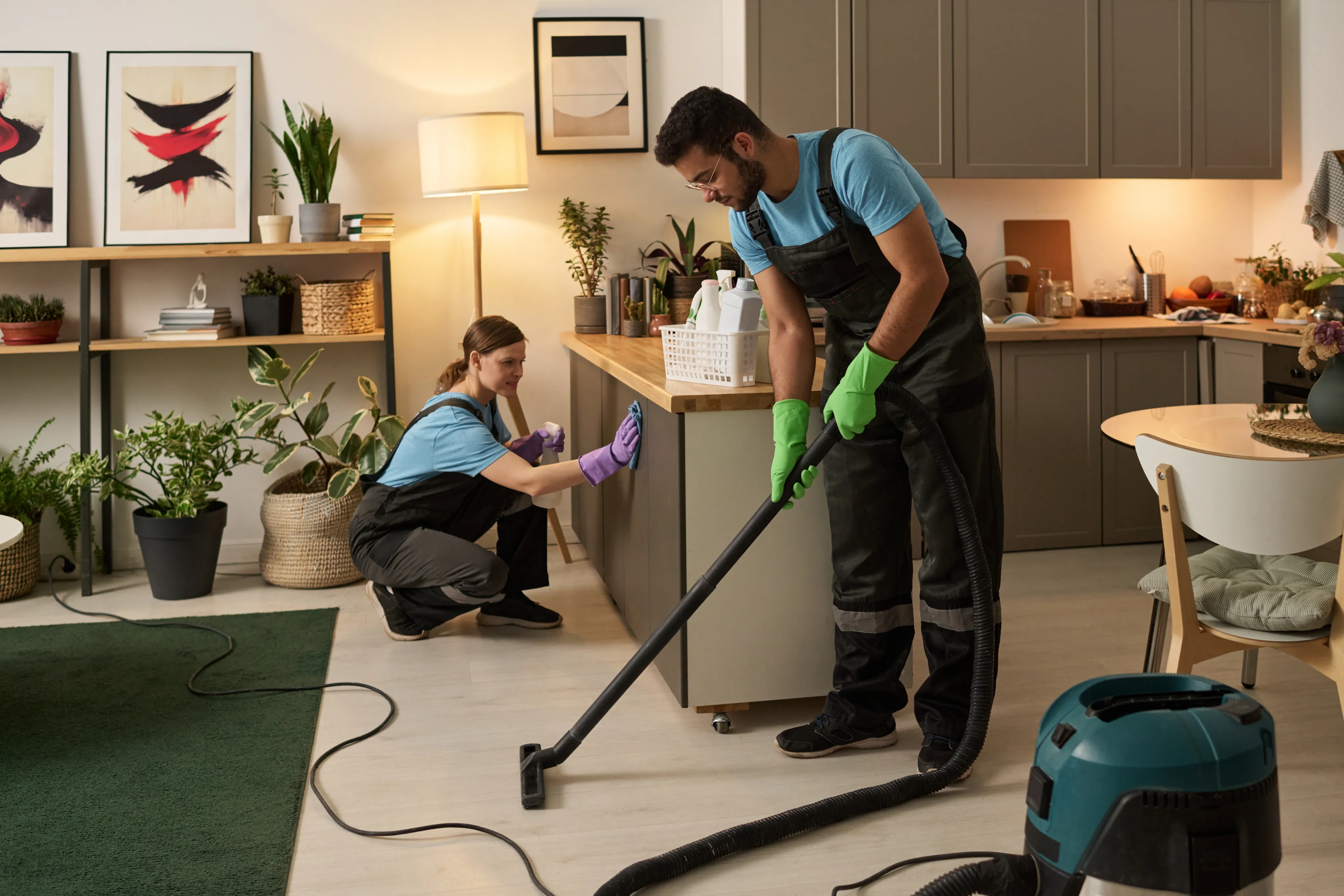 A cleaning team performing a detailed deep clean in a residence, including wiping down kitchen counters and vacuuming hard-to-reach floor areas.
