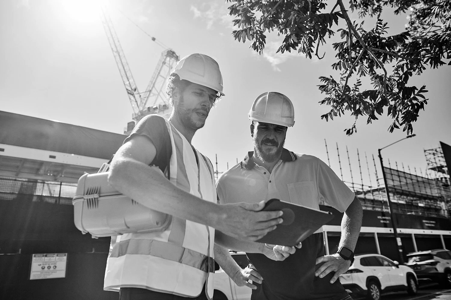 Woman holding a smartphone looking through the glass 