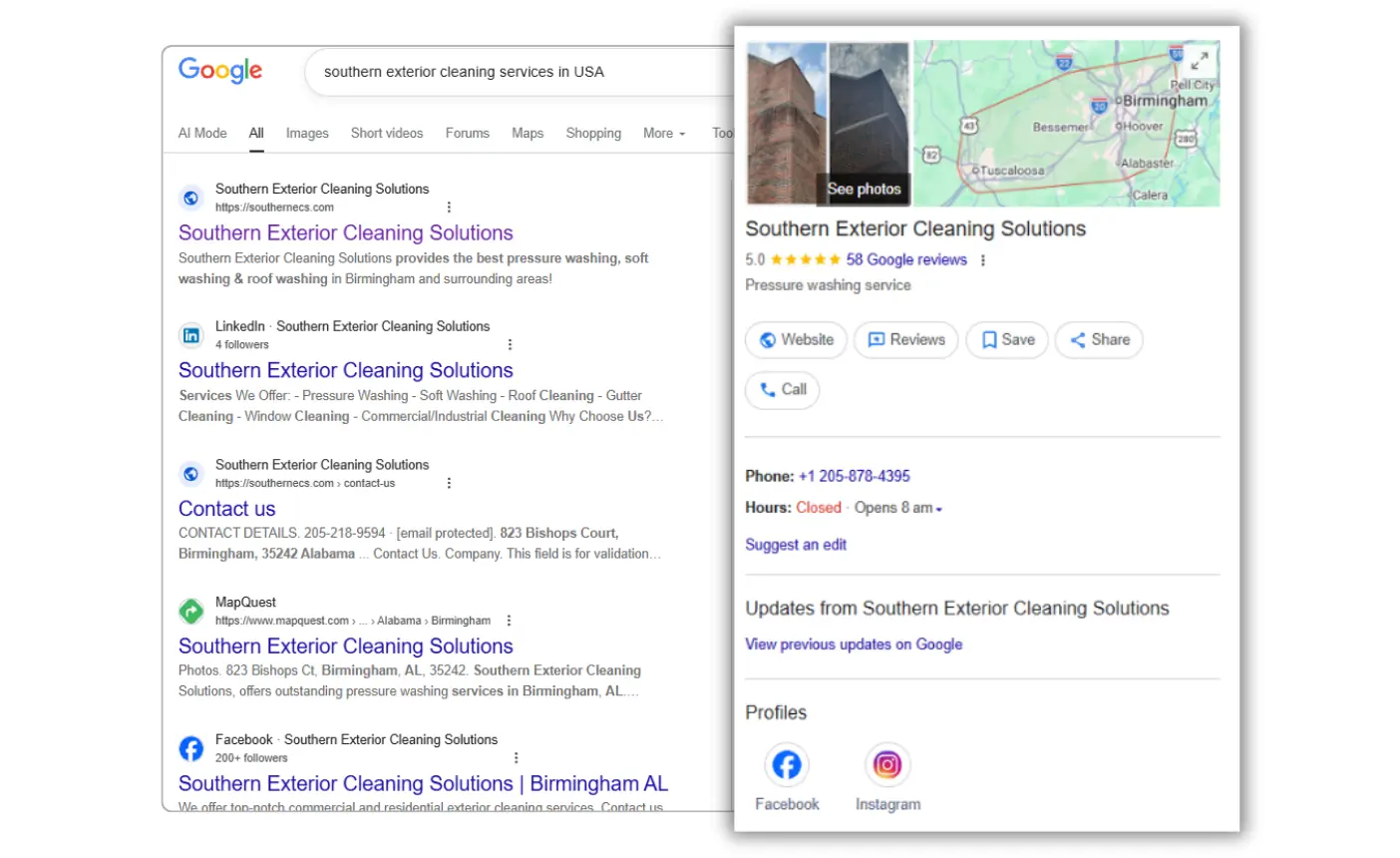 Google search results and business profile for Southern Exterior Cleaning Solutions.
