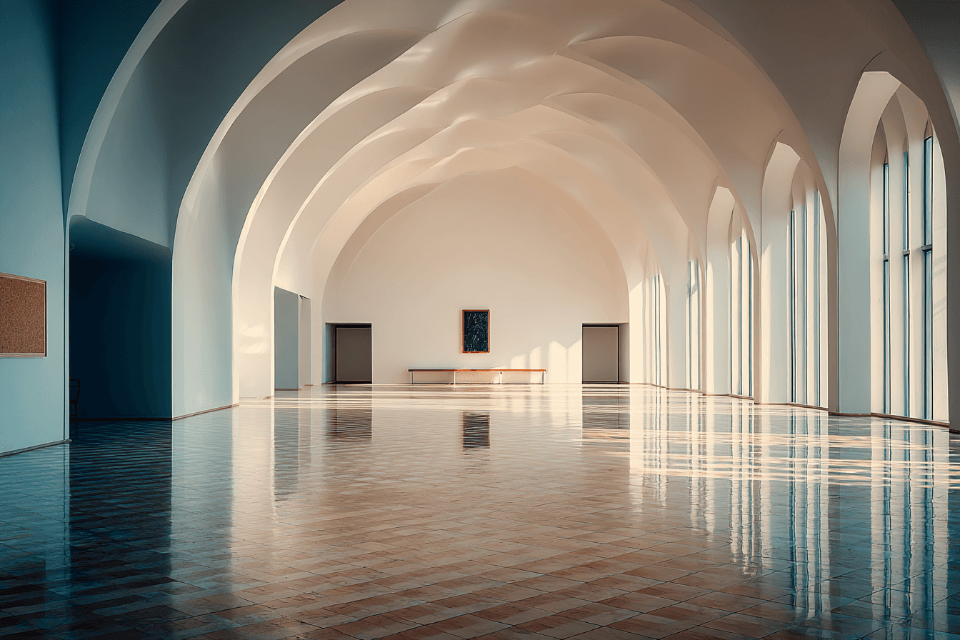 Bright, spacious gallery interior with vaulted white arches, tall windows, and reflective wooden floors